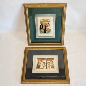Vintage Egyptian Papyrus Paintings Framed Set of 2 Nefertari‎ Anubis Gold 10x12